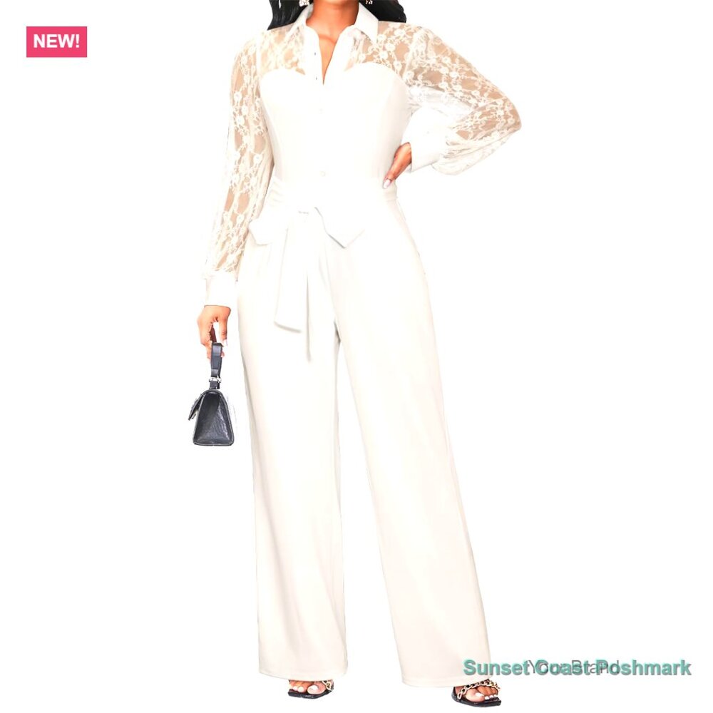 Elegant Lace Puff Sleeve Jumpsuit with Wide Leg Pant and Deep V-Neck